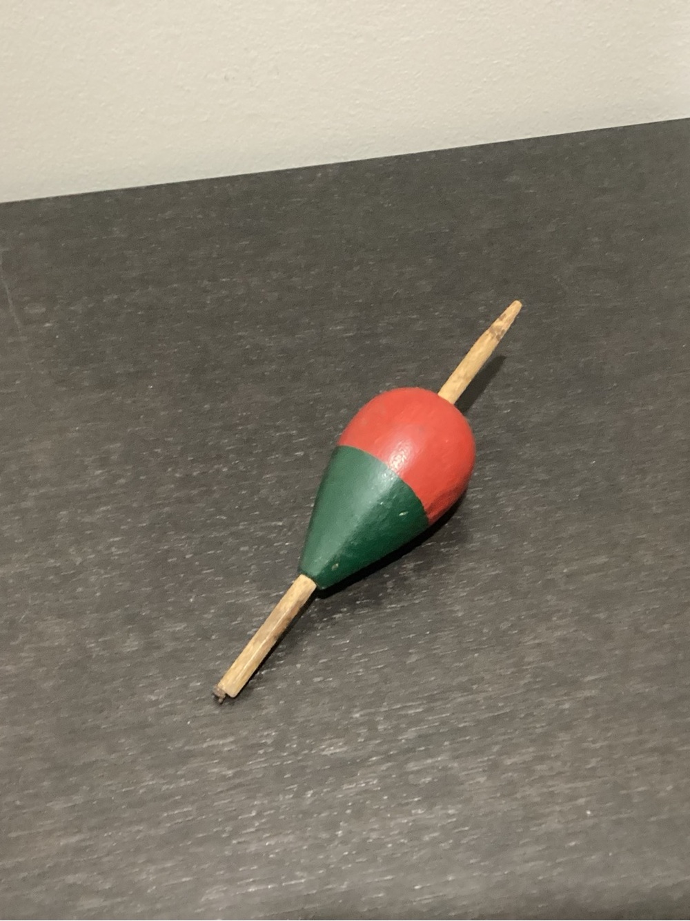 Vtg. Wooden fishing bobber painted red and green classic teardrop shape from